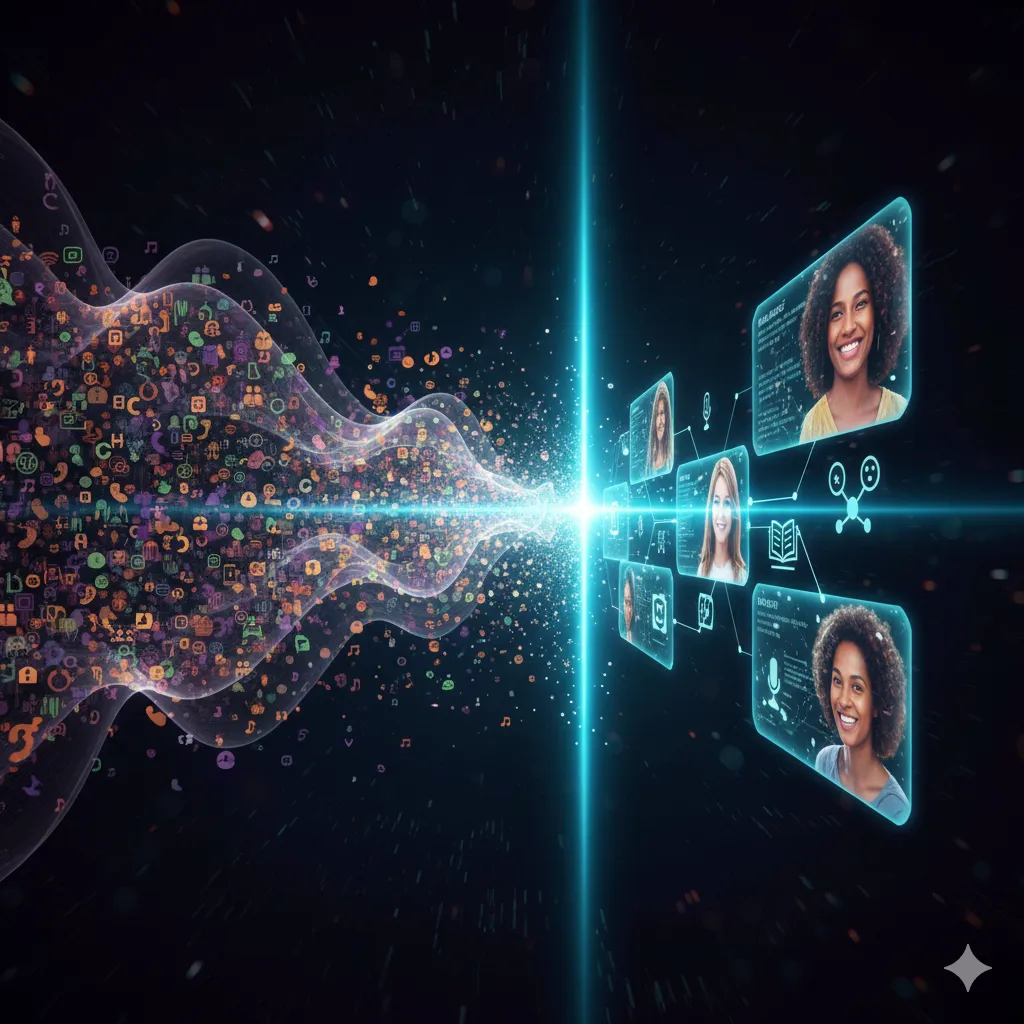 Abstract representation of diverse voices emerging from a digital network.