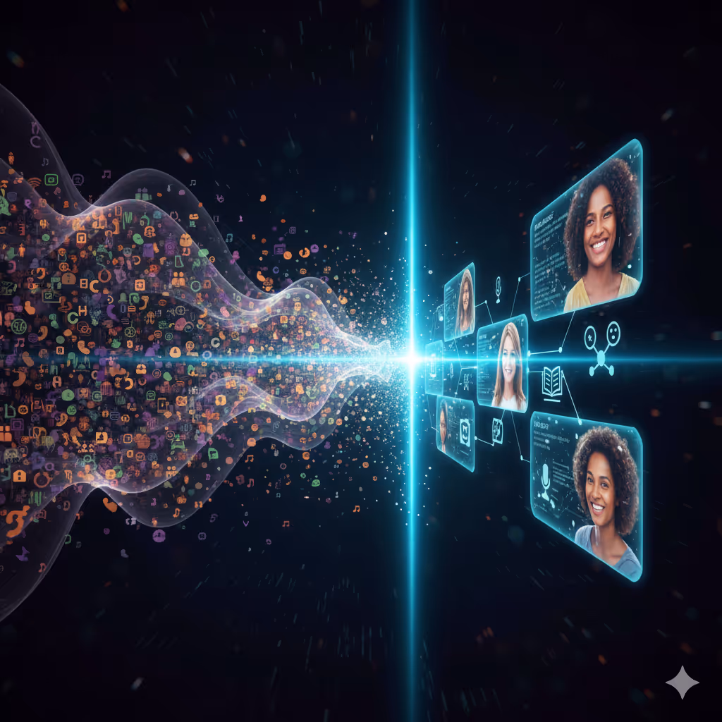 Abstract representation of diverse voices emerging from a digital network.