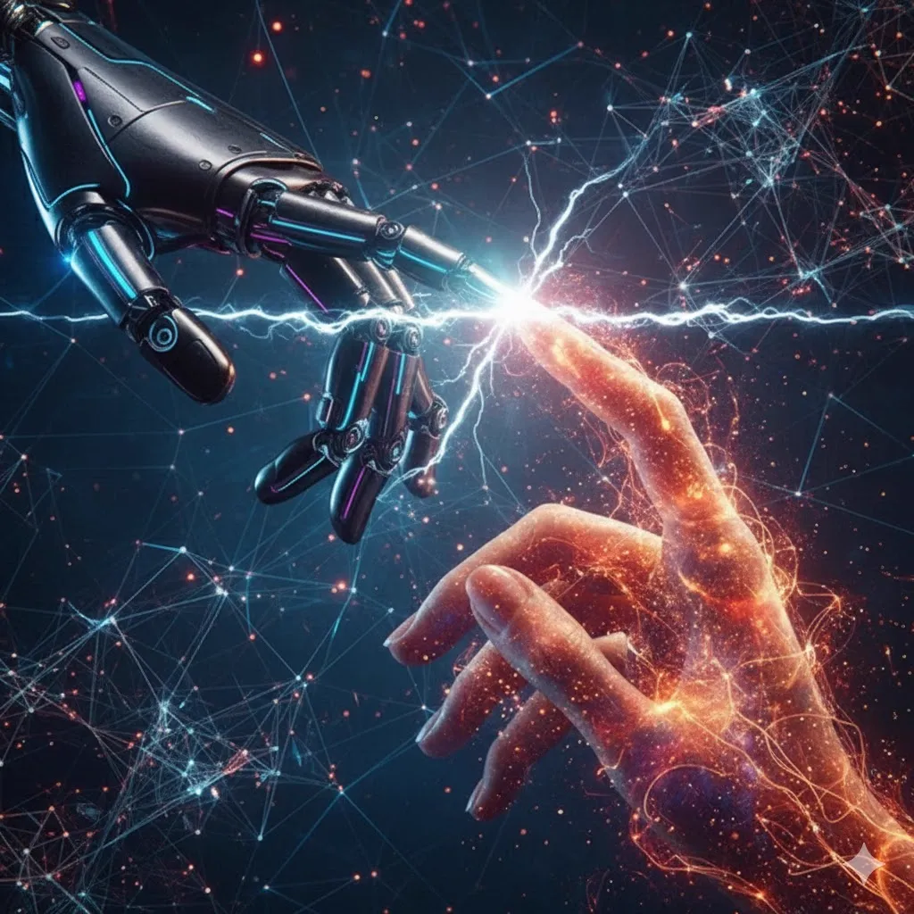 Fingers of a human and robot touching showing collaboration.