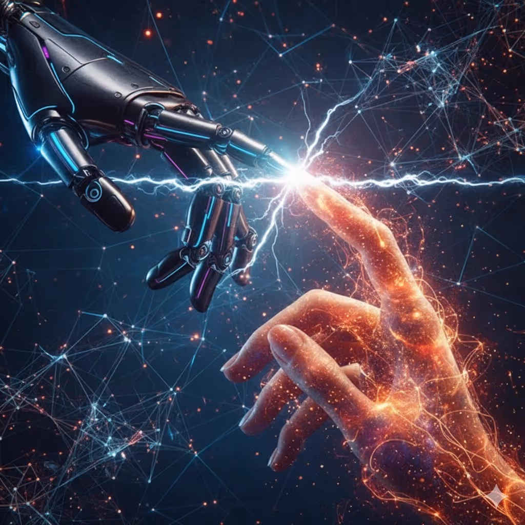 Fingers of a human and robot touching showing collaboration.