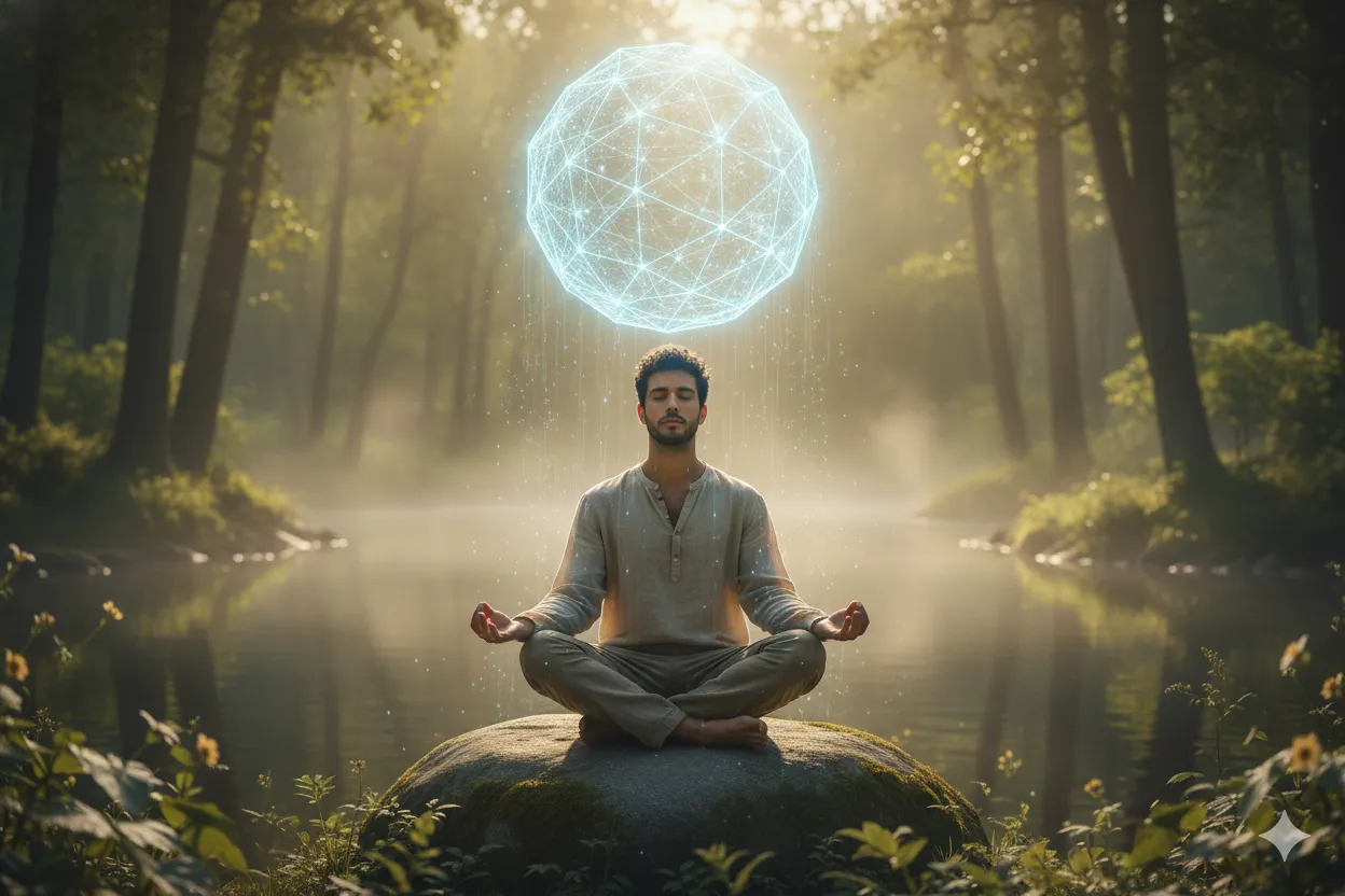 Person meditating in a clear spring.